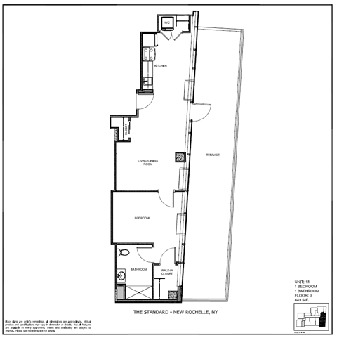Floor plan for 1 bed, 1 bath, 649 sqft